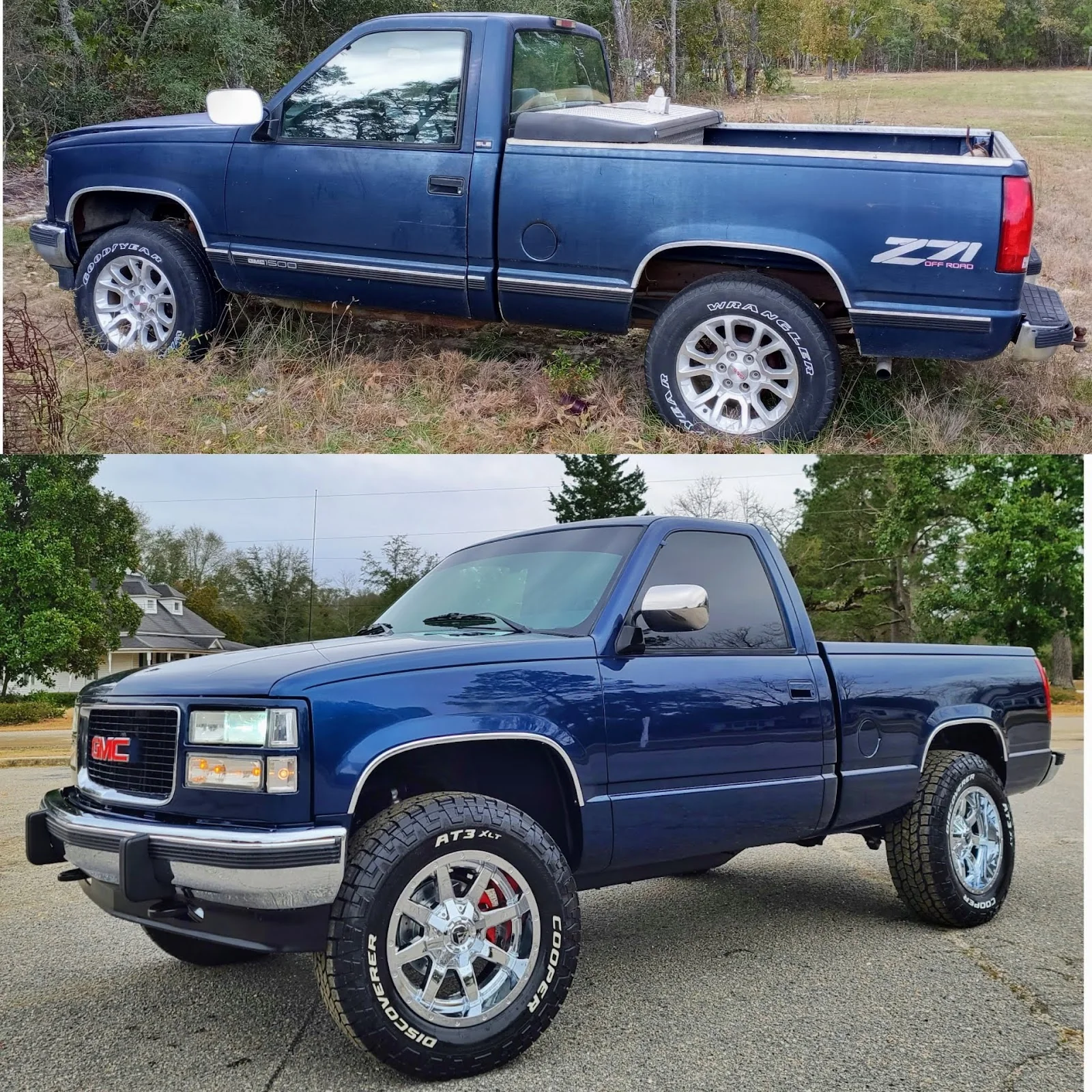 Collision repair before and after — sedan restored and paint matched at D&D Auto Repair